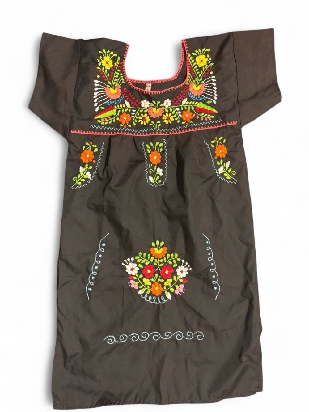 Brown Floral Embroidered Kids Costume Dress
